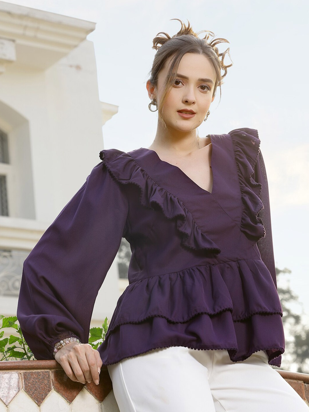 

plusS Purple Ruffles Bishop Sleeves Top
