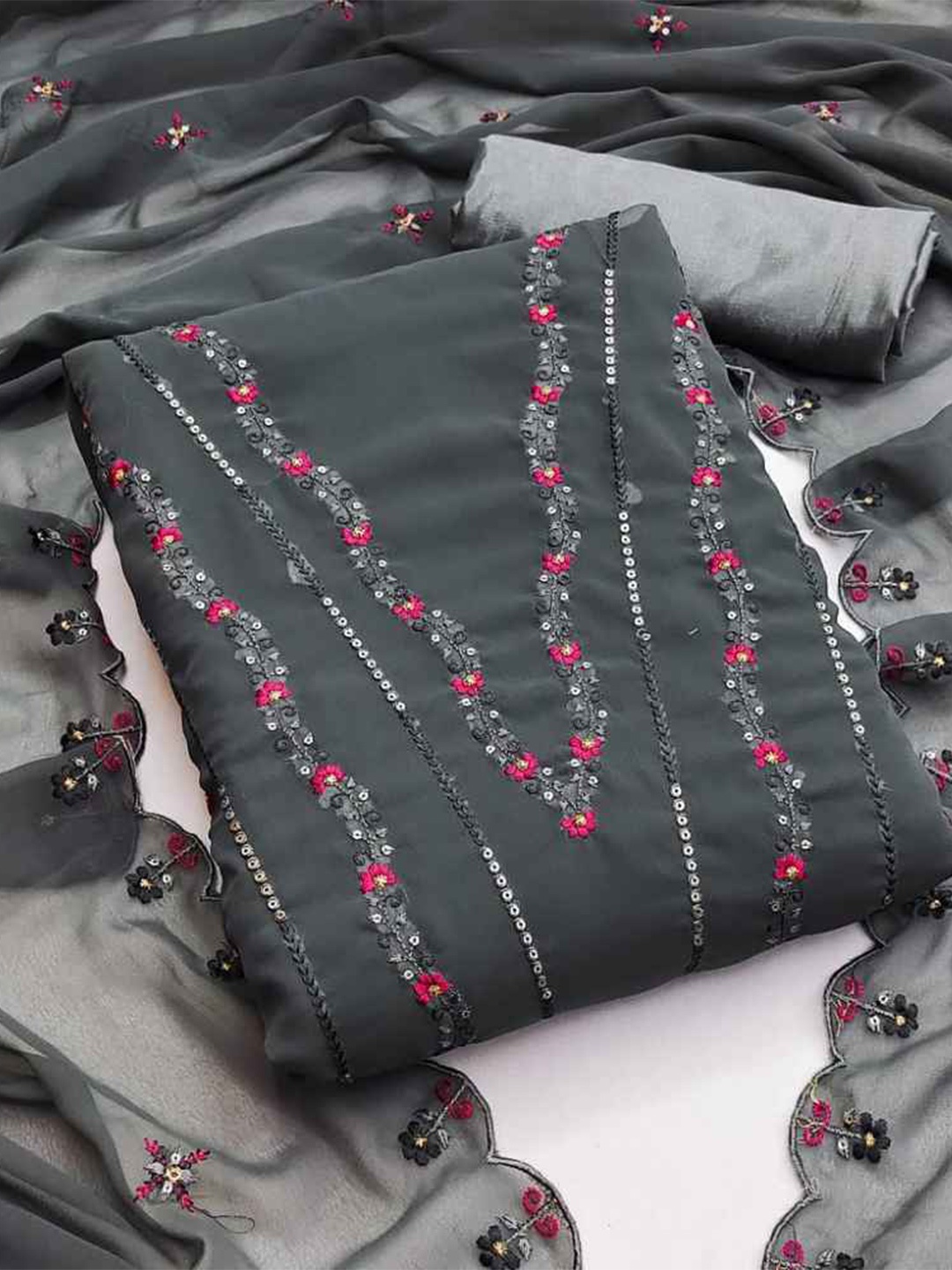 

faxofab Floral Embroidered Silk Georgette Unstitched Dress Material, Grey