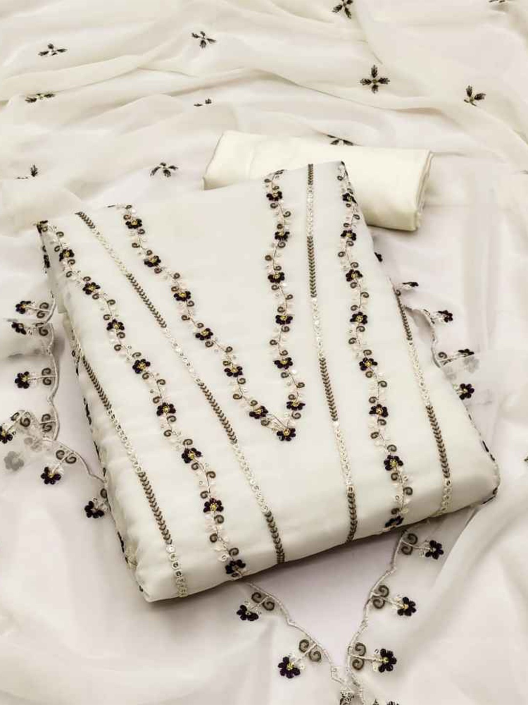 

faxofab Ethnic Motifs Embroidered Silk Georgette Unstitched Dress Material, White