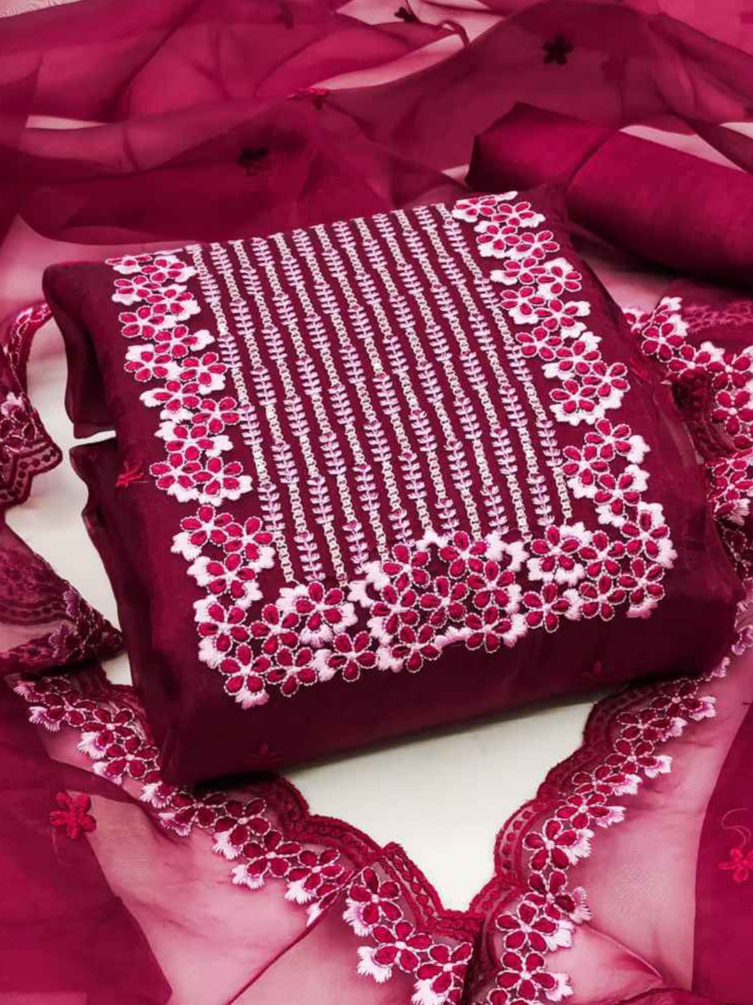 

faxofab Embroidered Organza Unstitched Dress Material, Maroon