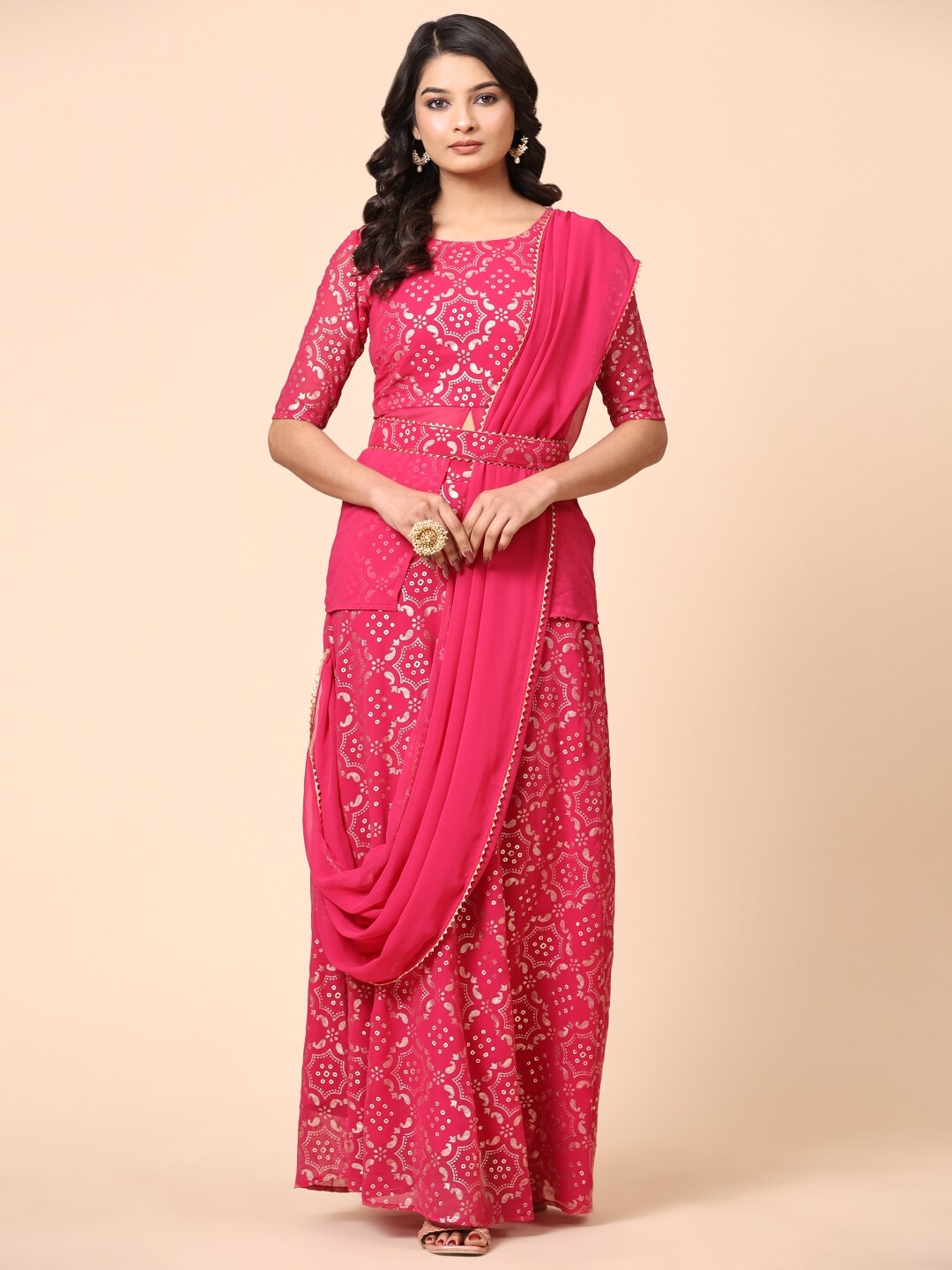 

FAB GALAXY Ethnic Motifs Printed Gotta Patti Lehenga Saree, Pink