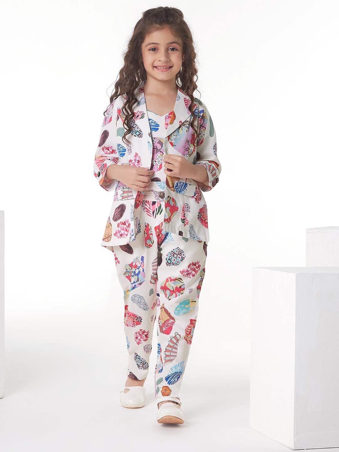 

Ministitch Girls Printed Pure Cotton T-shirt and Waistcoat with Trousers, Off white