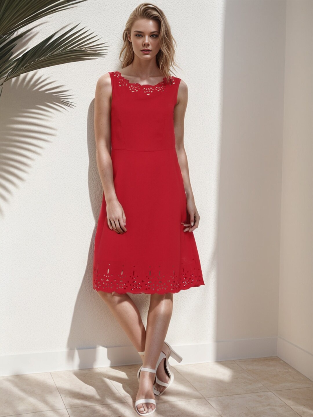 

RARE Boat Neck Sleeveless Cut Out A-Line knee length Dress, Red