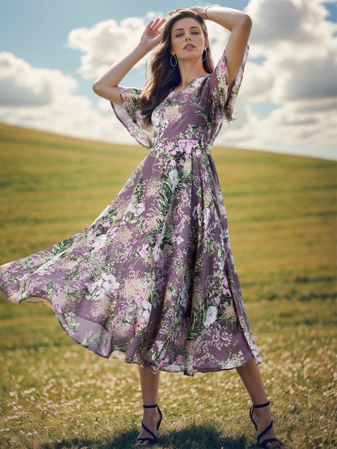 

RARE Floral Printed Flared Sleeves Georgette Fit & Flare Midi Dress, Mauve