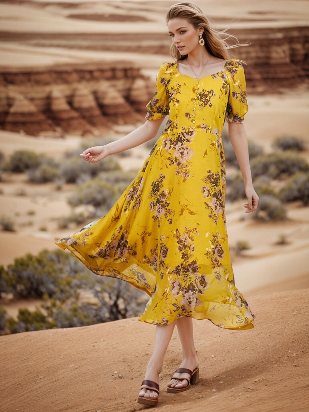 

RARE Yellow Floral Print Puff Sleeve Fit & Flare Midi Dress