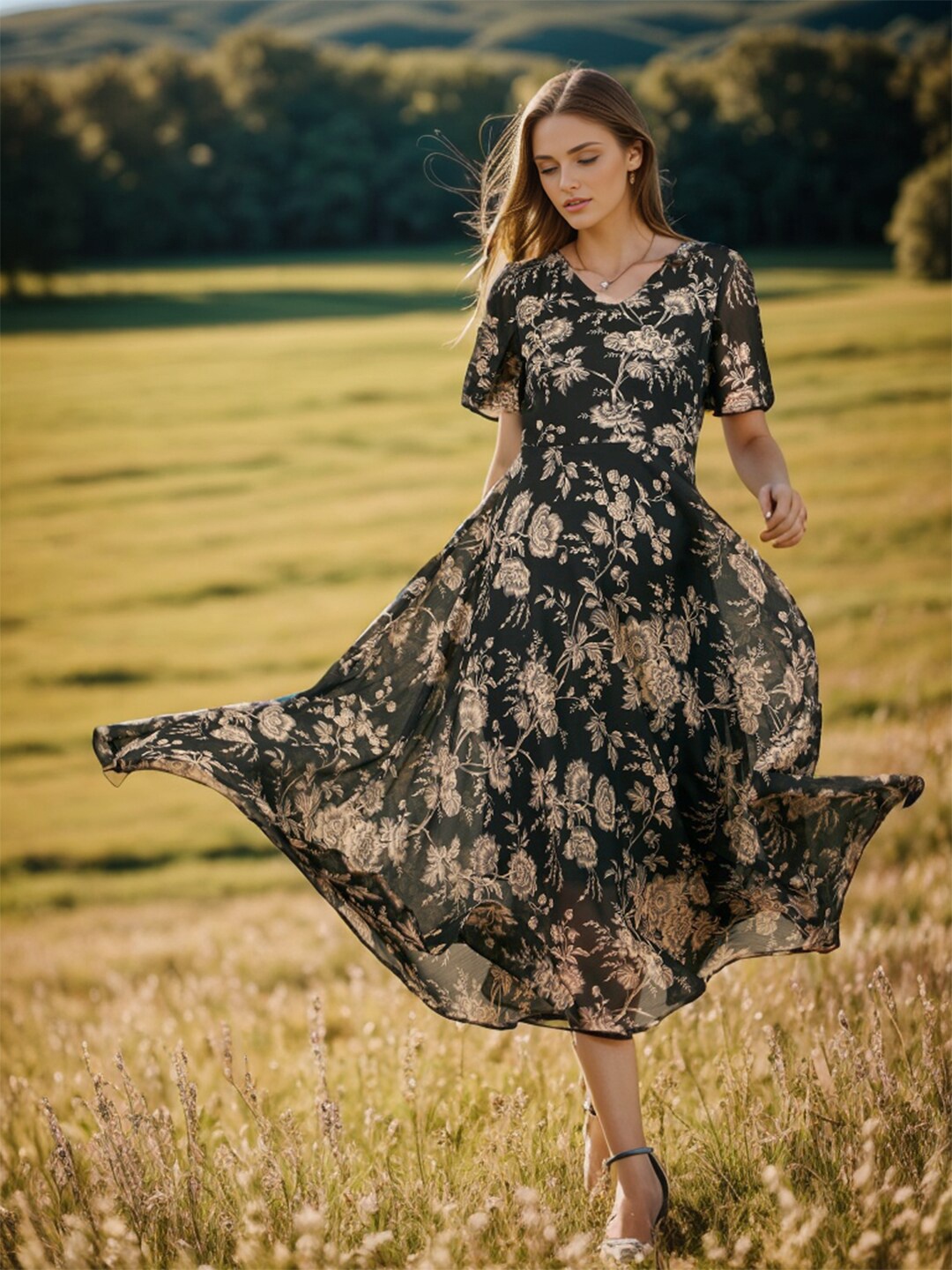

RARE Khaki Floral Print Fit & Flare Midi Dress