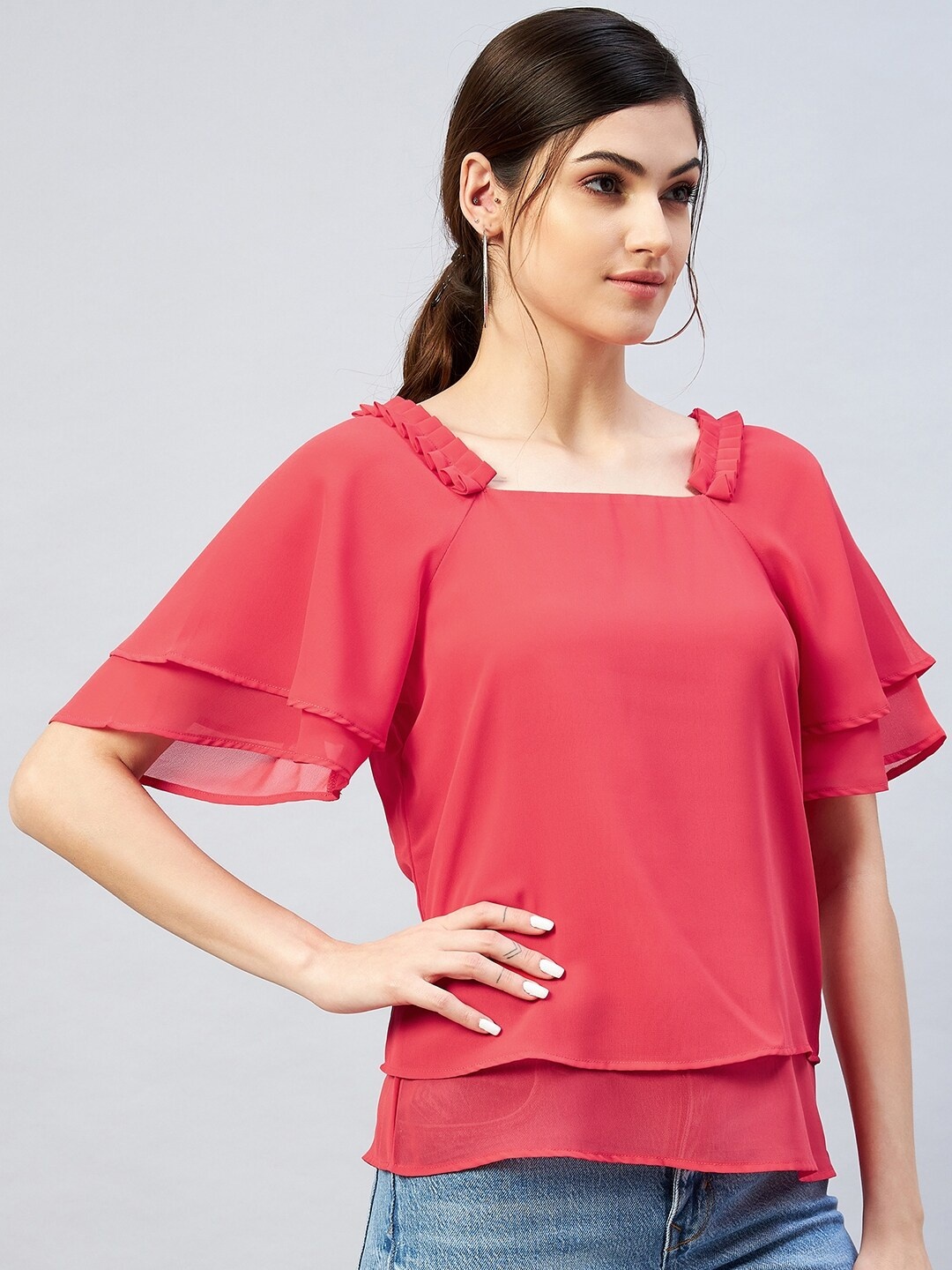 

RARE Flared Sleeves Layered Georgette Top, Red