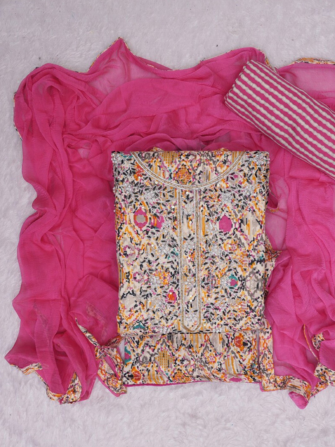 

ASISA Abstract Printed Beads and Stones Pure Cotton Unstitched Dress Material, Pink