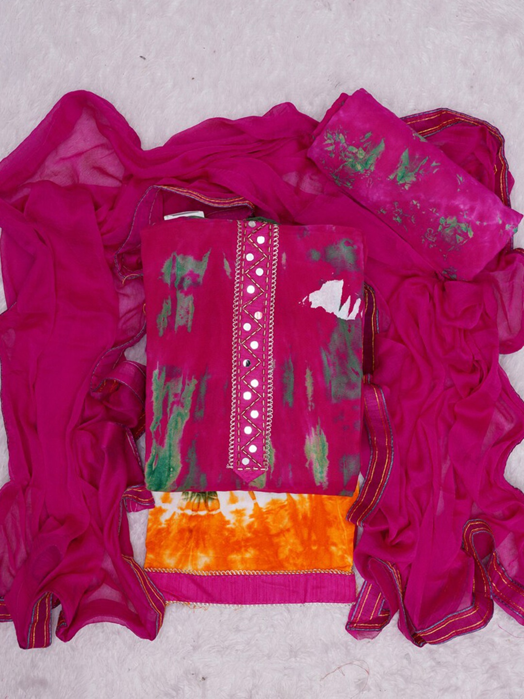 

ASISA Ethnic Motifs Woven Design Mirror Work Shibori Unstitched Dress Material, Magenta