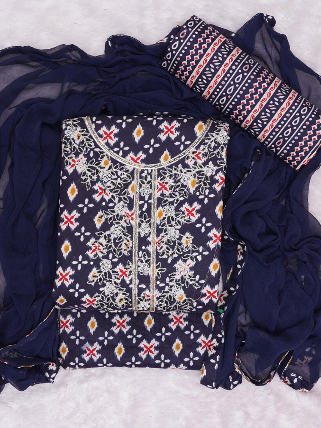 

ASISA Bandhani Woven Design Beads And Stones Pure Cotton Unstitched Dress Material, Navy blue