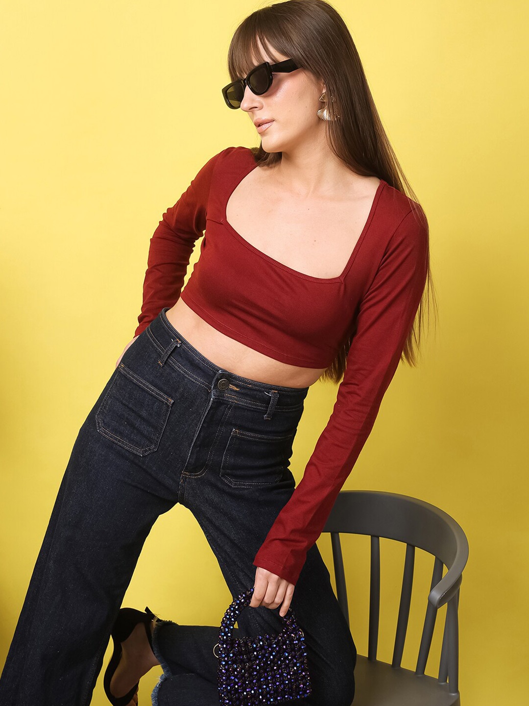 

Cation Square neck Long Sleeves Crop Top, Maroon