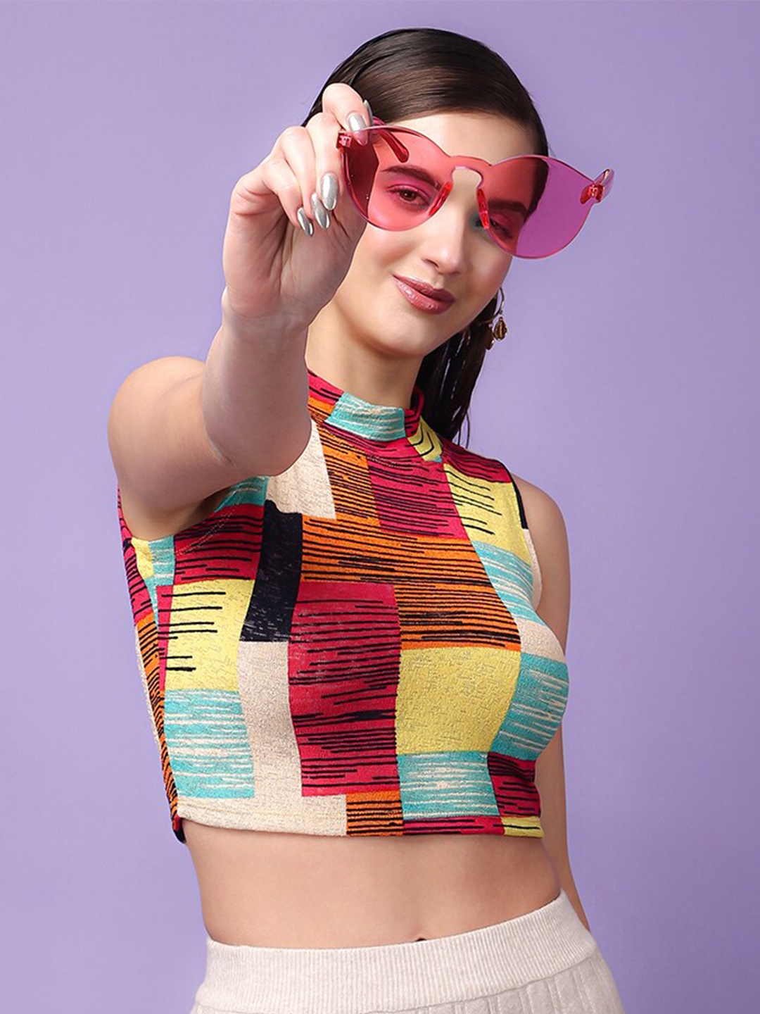 

Cation Yellow Geometric Printed Fitted Crop Top