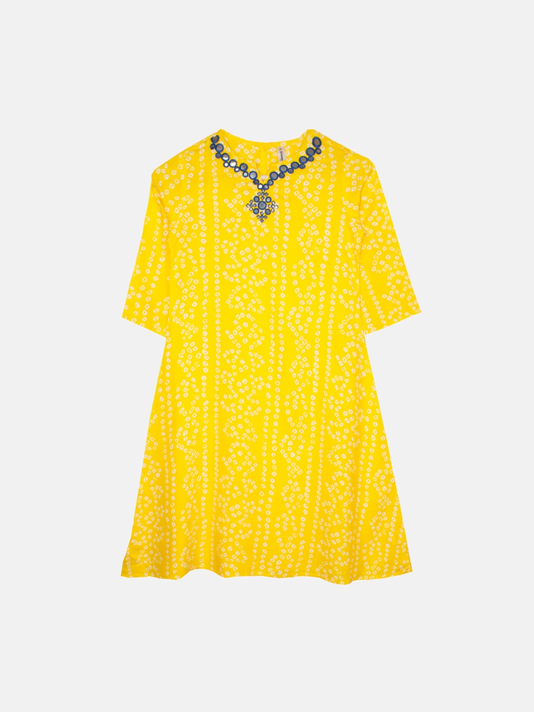 

KiddoPanti Girls Bandhani Printed Flared Sleeves Mirror Work Anarkali Kurta, Yellow