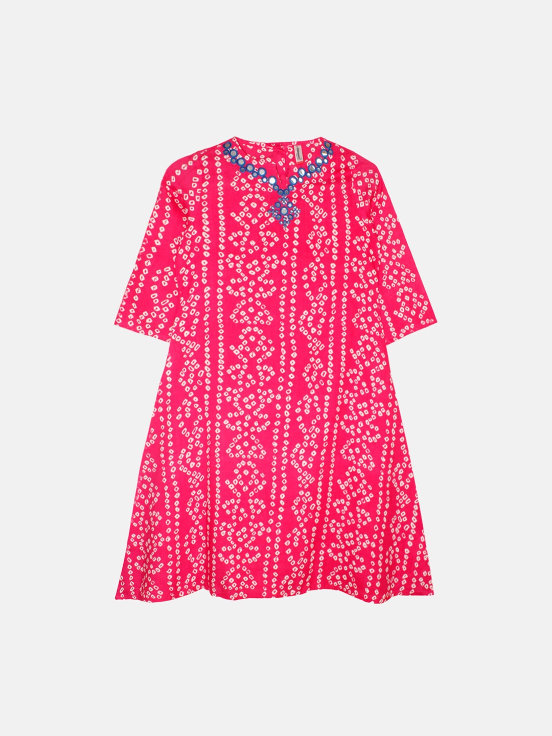 

KiddoPanti Girls Bandhani Printed Flared Sleeves Mirror Work Anarkali Kurta, Pink