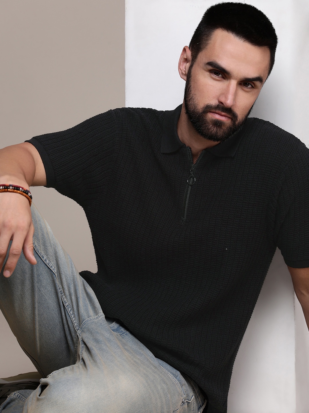 

Roadster Men Polo Collar Pure Cotton T-shirt, Black