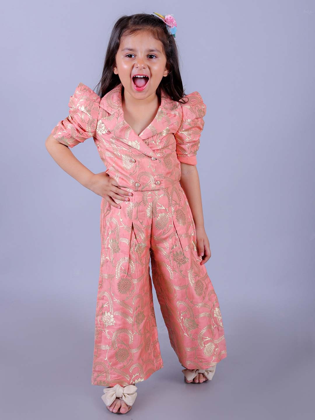

LIL DRAMA Girls Floral Woven Design Futter Sleeve Top with Palazzos, Peach