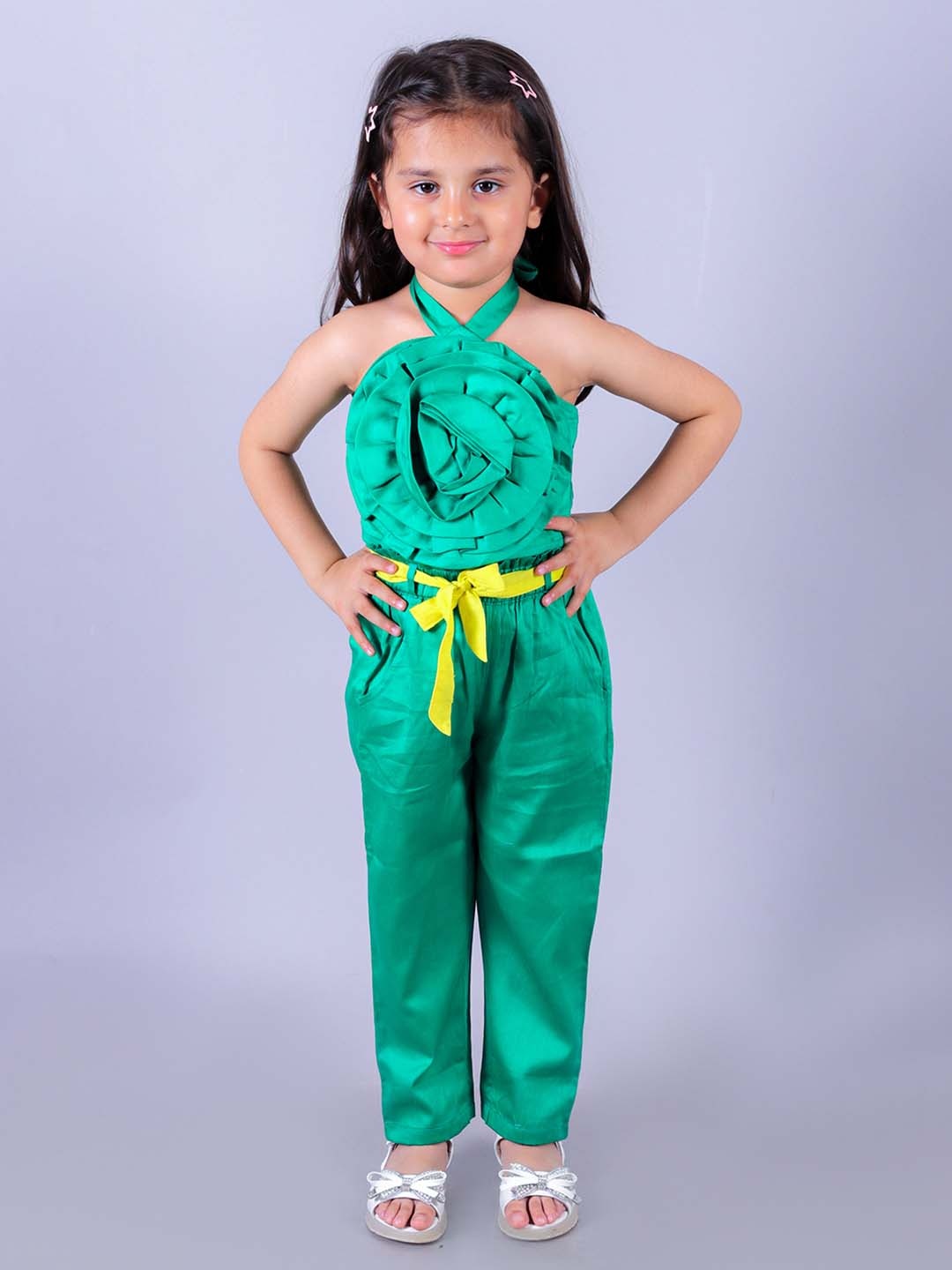 

LIL DRAMA Girls Halter Neck Pure Cotton Top with Palazzos, Green