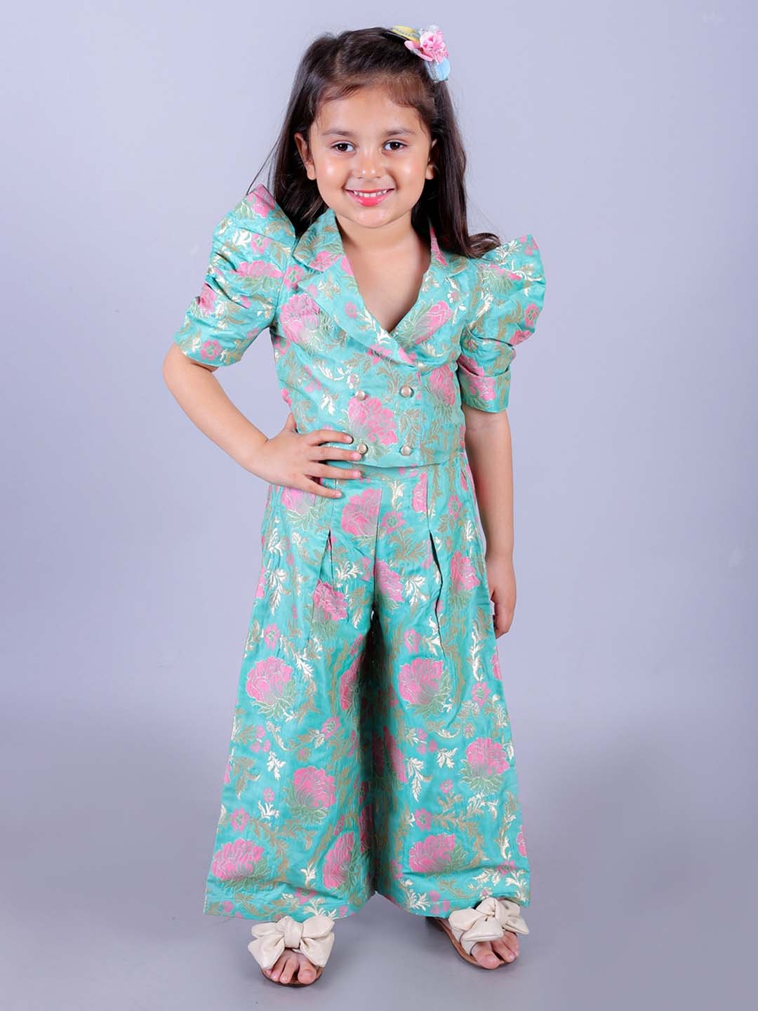 

LIL DRAMA Girls Floral Woven Design Futter Sleeve Top with Palazzos, Green