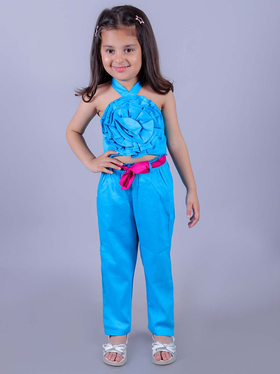 

LIL DRAMA Girls Halter Neck Pure Cotton Top with Palazzos, Blue