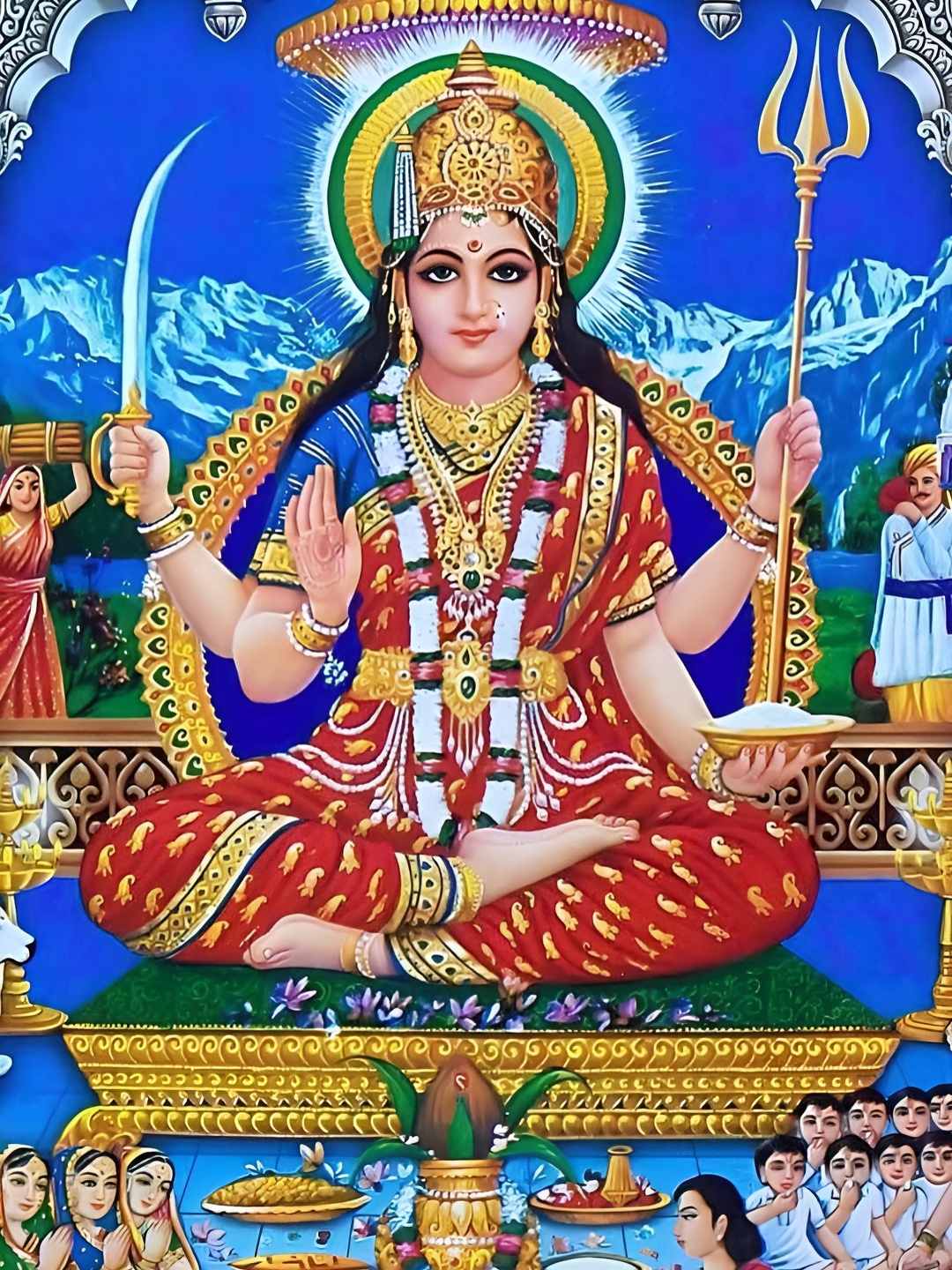 

British Terminal Blue & Red Goddess Santoshi Maa Religious Wall Paintings