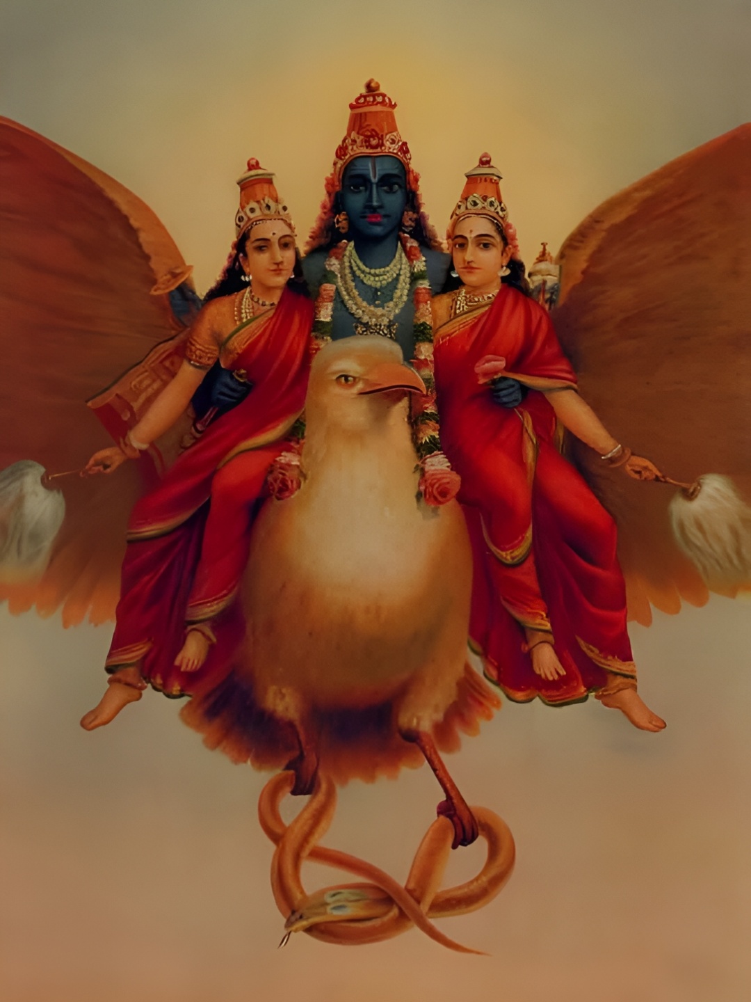 

British Terminal Beige & Red Lord Vishnu on Garuda Wall Painting