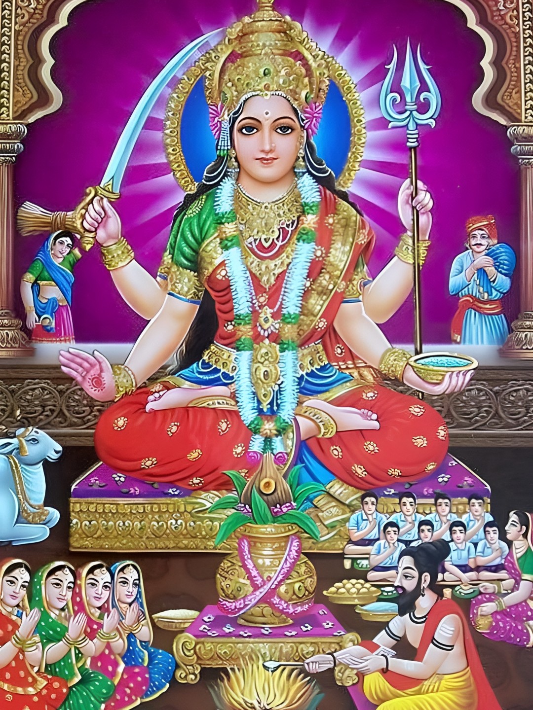 

British Terminal Red & Gold Toned Goddess Santoshi Maa Paper Painting Wall Art