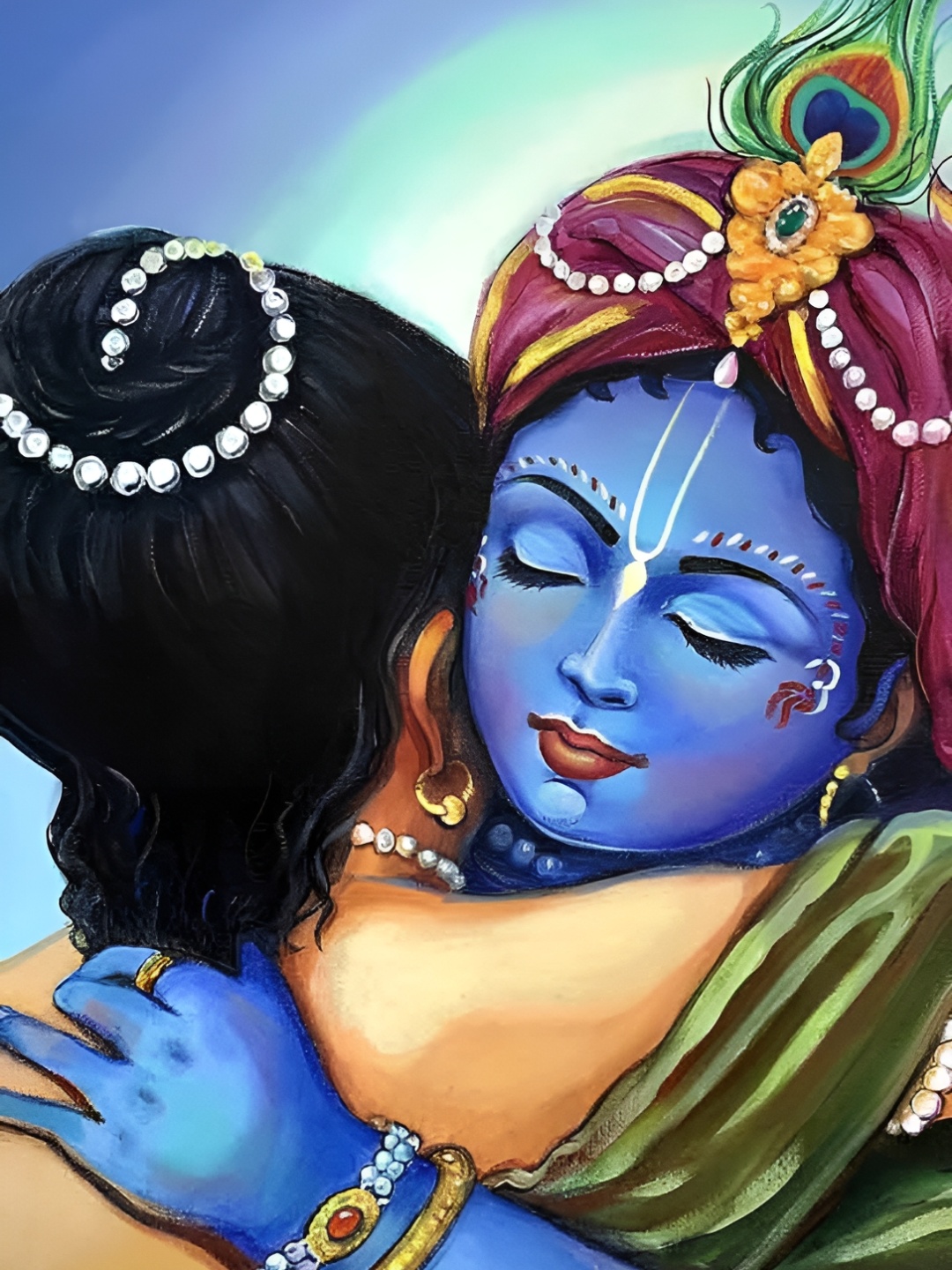 

British Terminal Blue & Green Lord Shri Krishna Religious Painting Wall Art