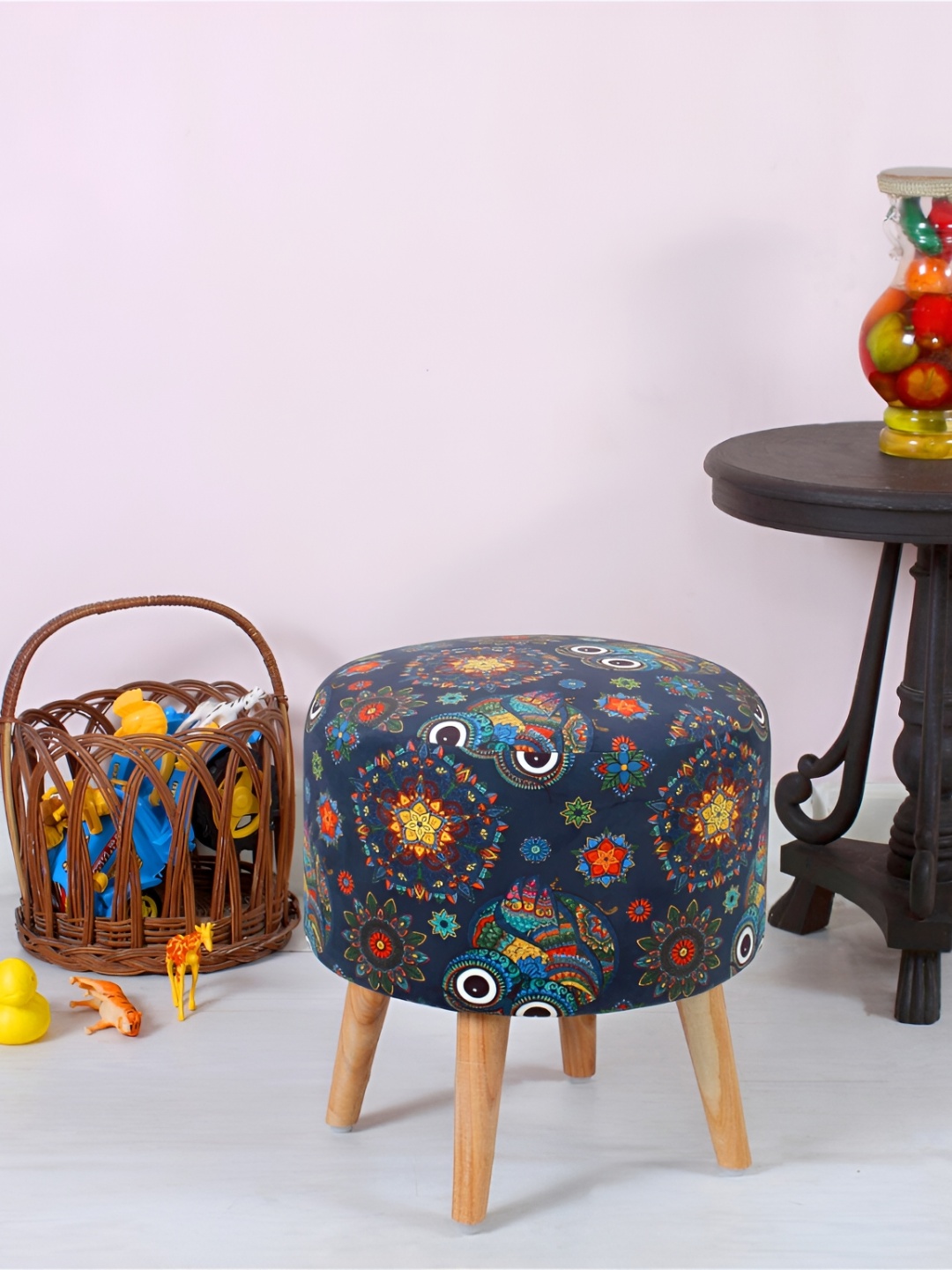 

Shadowkart Printed Wooden Ottomans, Navy blue