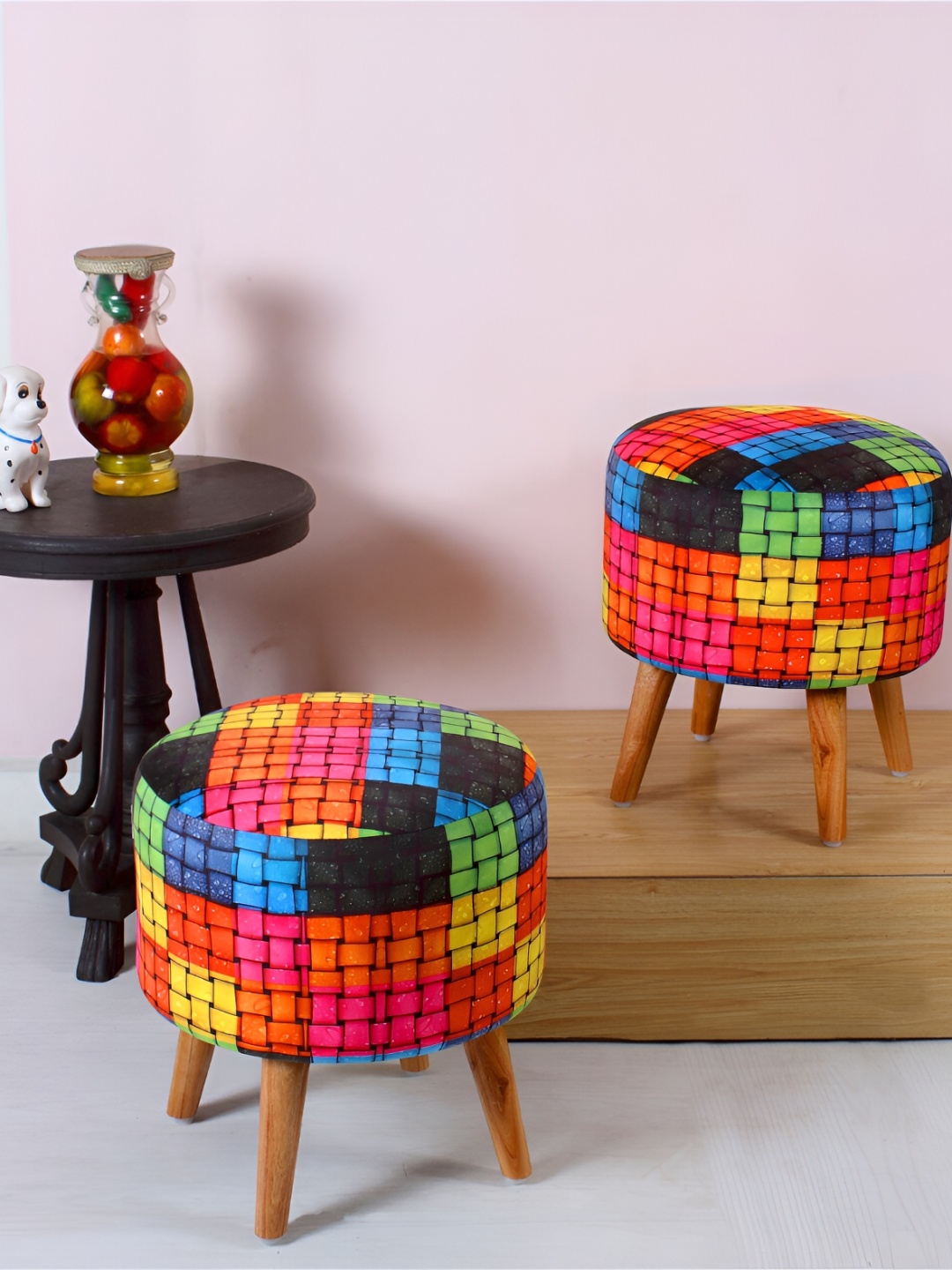

Shadowkart Red Velvet & Wooden Pouffe Sitting Ottomans