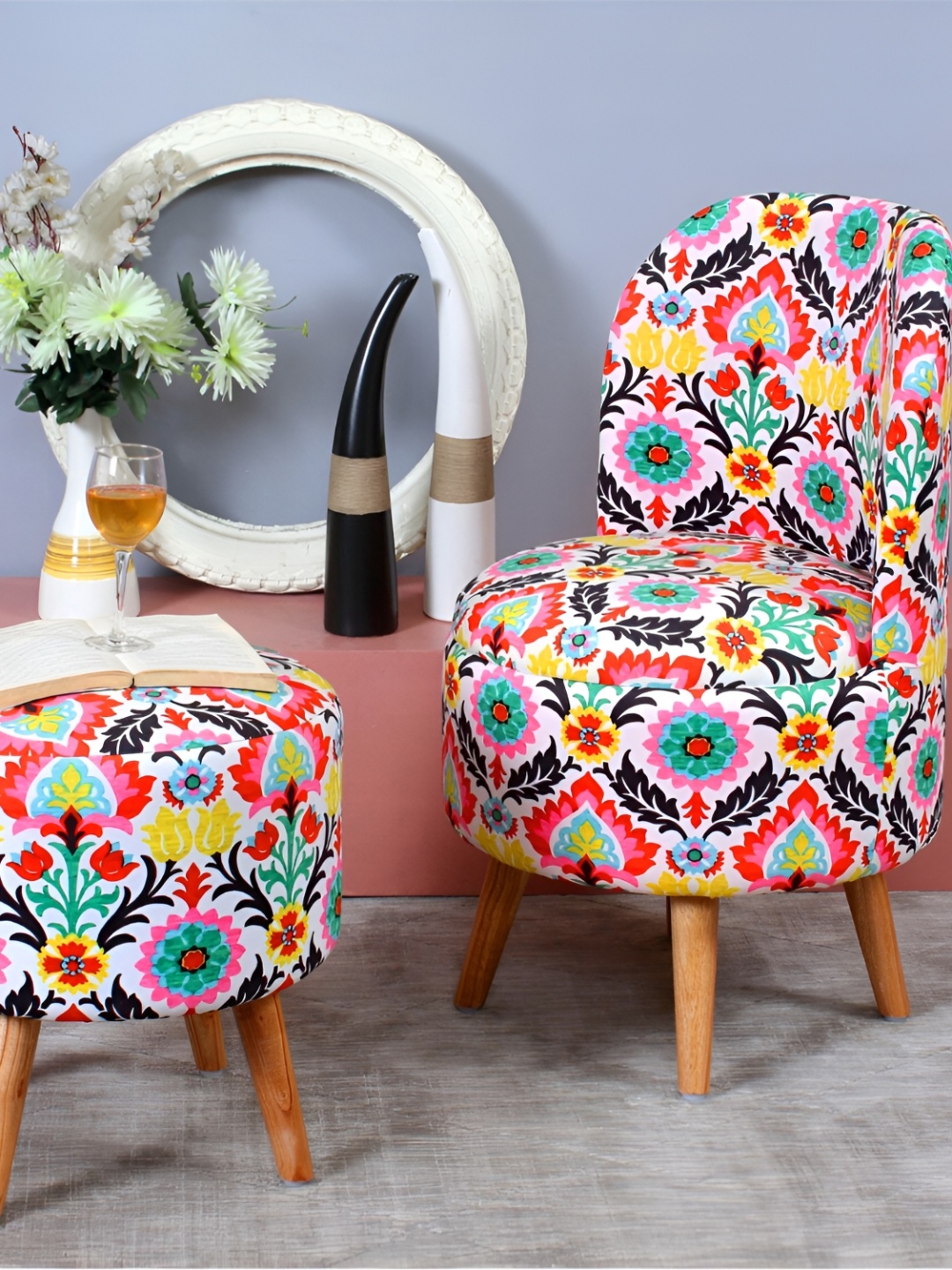

Shadowkart Blue & Pink 2 Pieces Floral Printed Wooden Ottomans