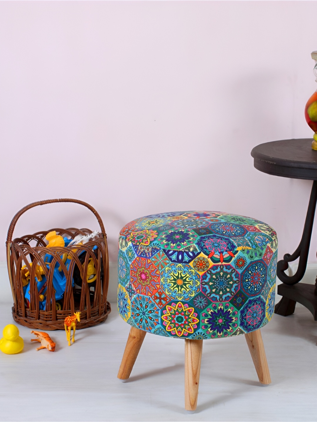 

Shadowkart Yellow & Blue Ethnic Motifs Printed Round Velvet Tufted Ottomans