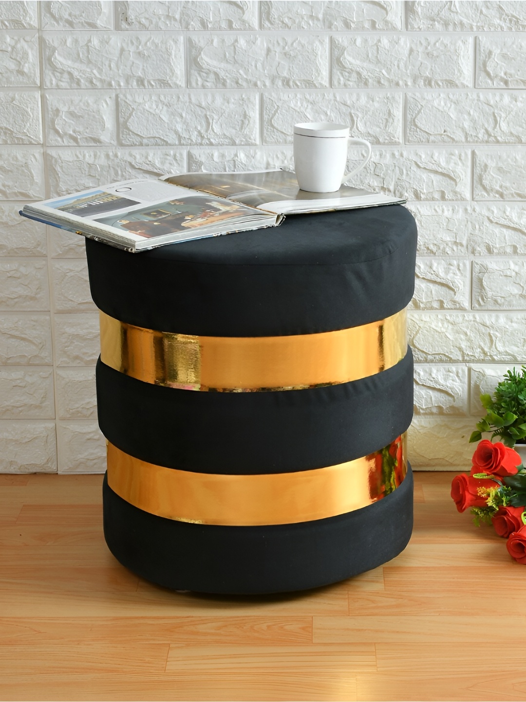 

Shadowkart Back Printed Wooden & Velvet Round Pouffes Sitting Ottoman, Black