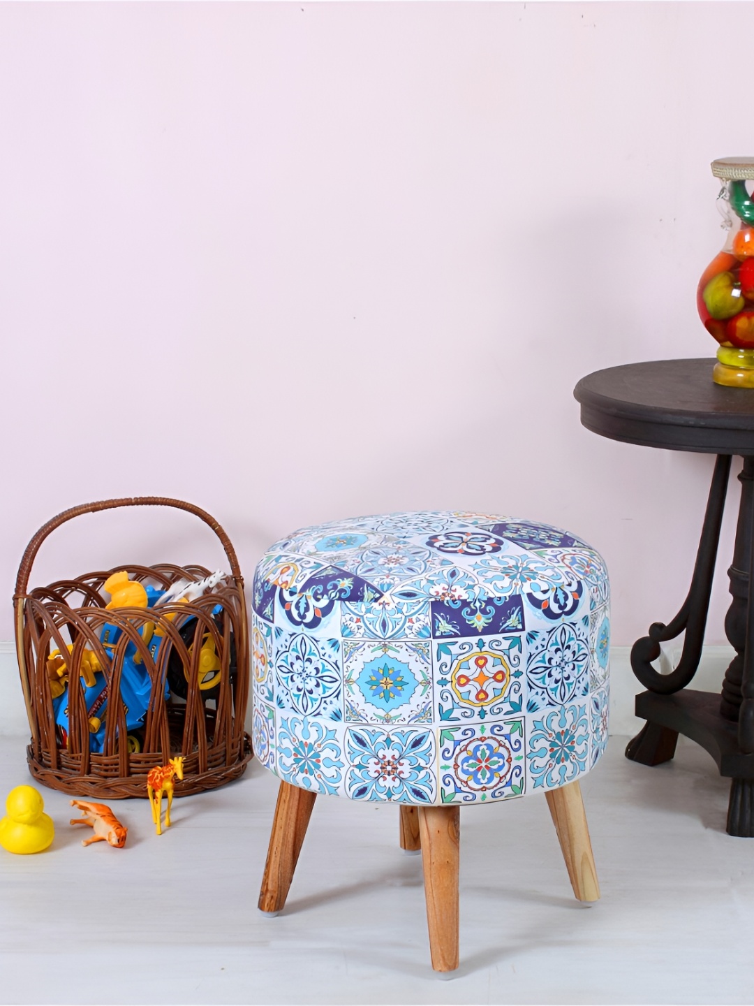 

Shadowkart Blue & White Printed Wooden Round Pouffes Ottoman