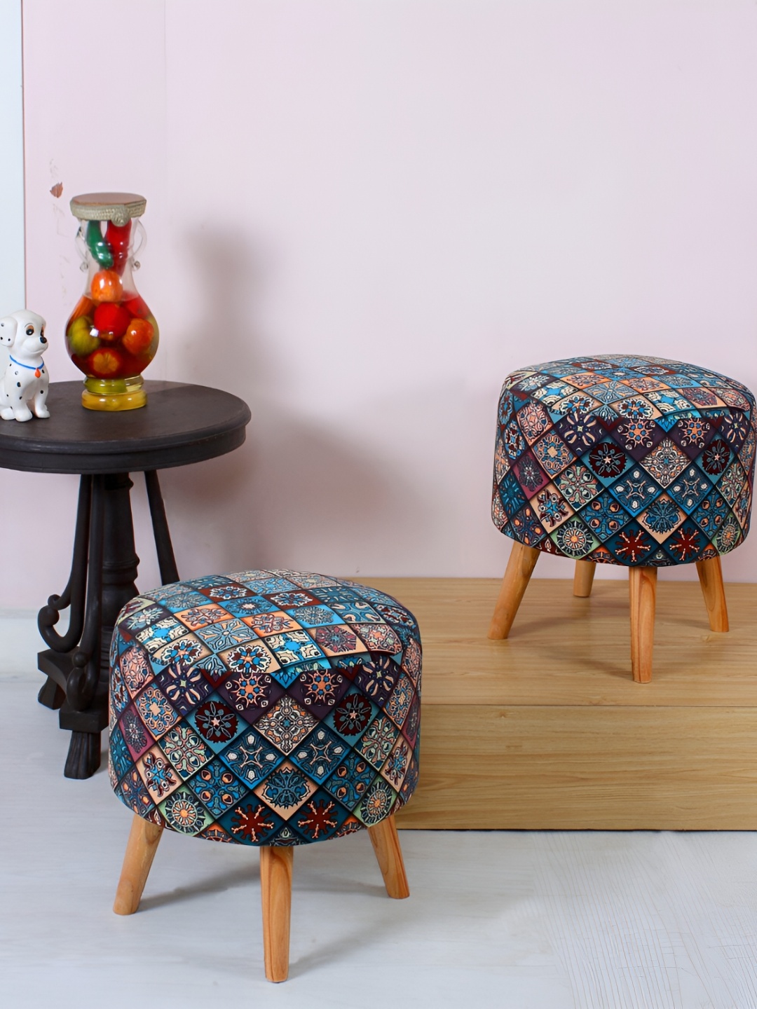 

Shadowkart Blue & Brown 2 Pieces Ethnic Motifs Geometric Printed Wooden Ottomans