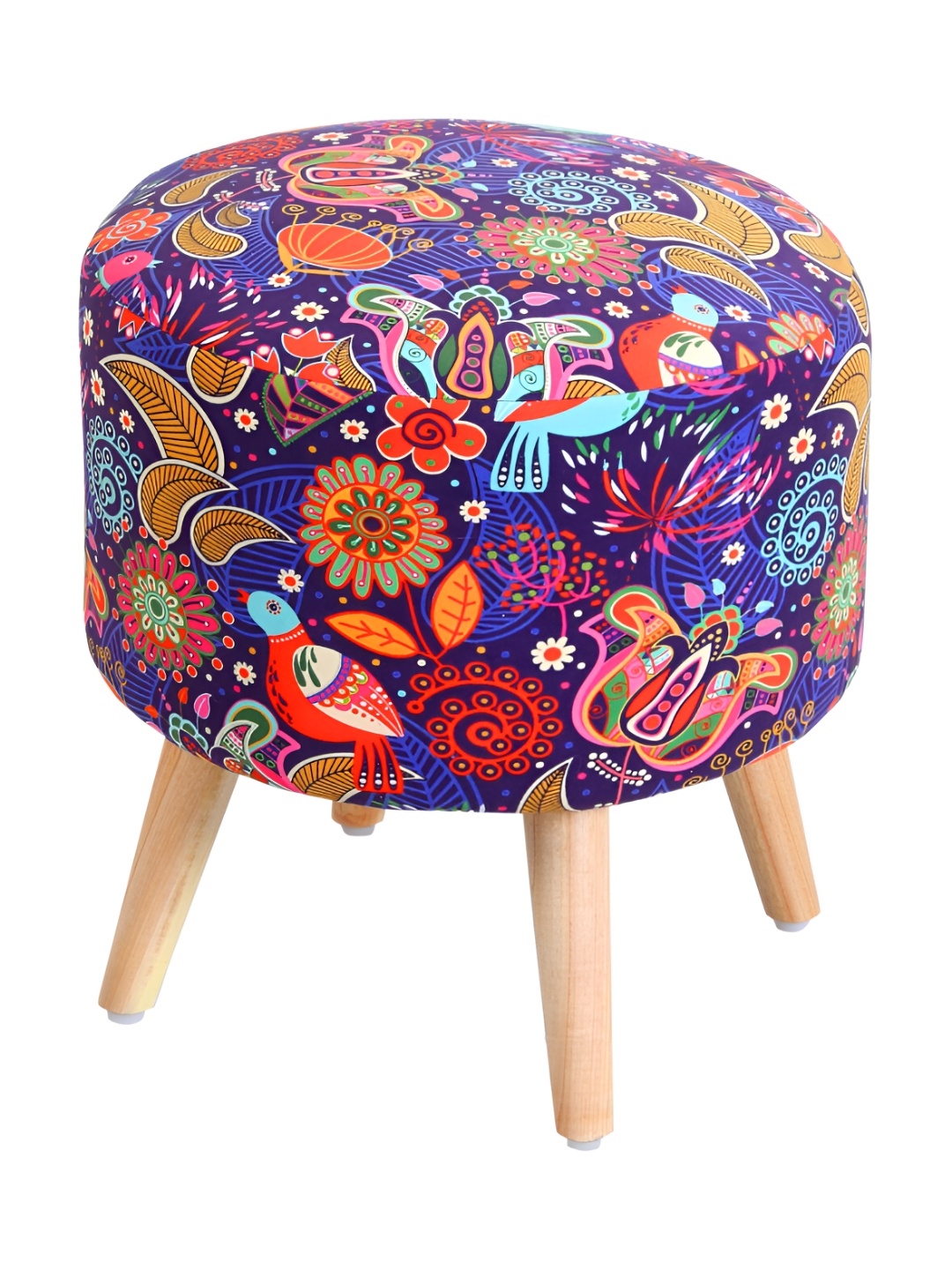 

Shadowkart Blue & Orange Ethnic Motifs Printed Wooden & Velvet Ottoman Pouffe Stool