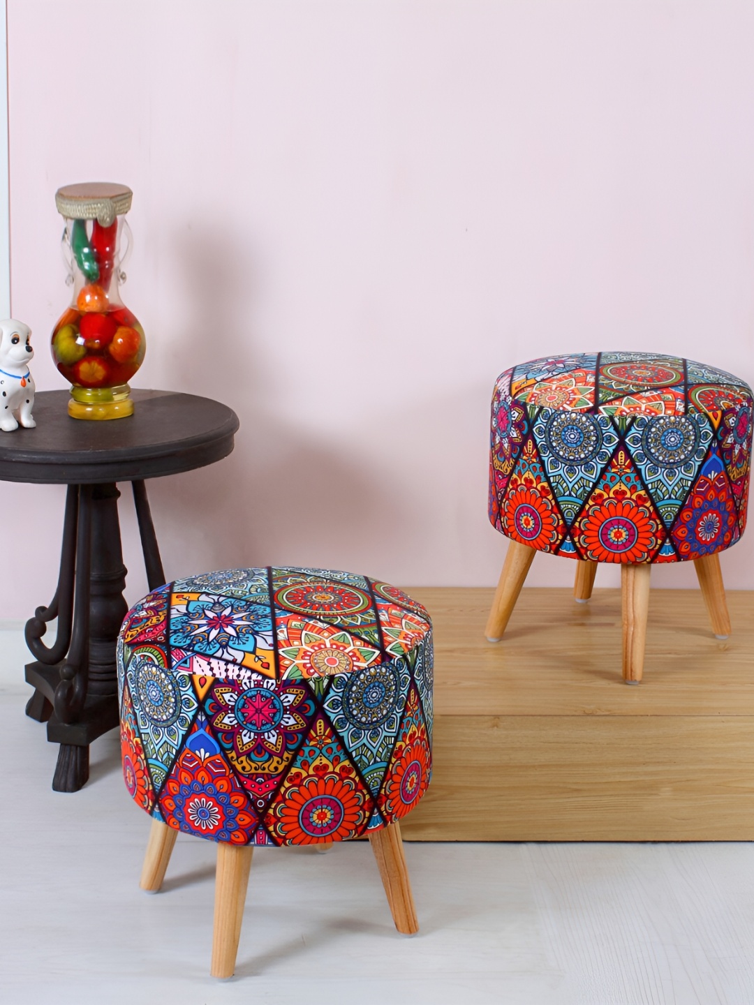 

Shadowkart Red & Blue 2 Pieces Floral Printed Round-Shaped Velvet Sitting Ottomans