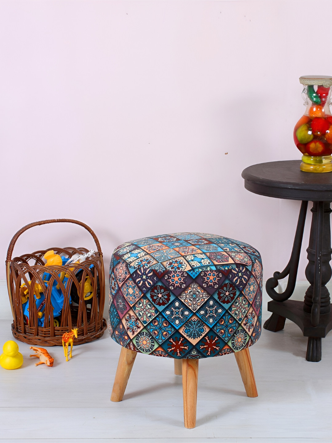 

Shadowkart Blue & Brown Printed Wooden & Velvet Round Ottoman