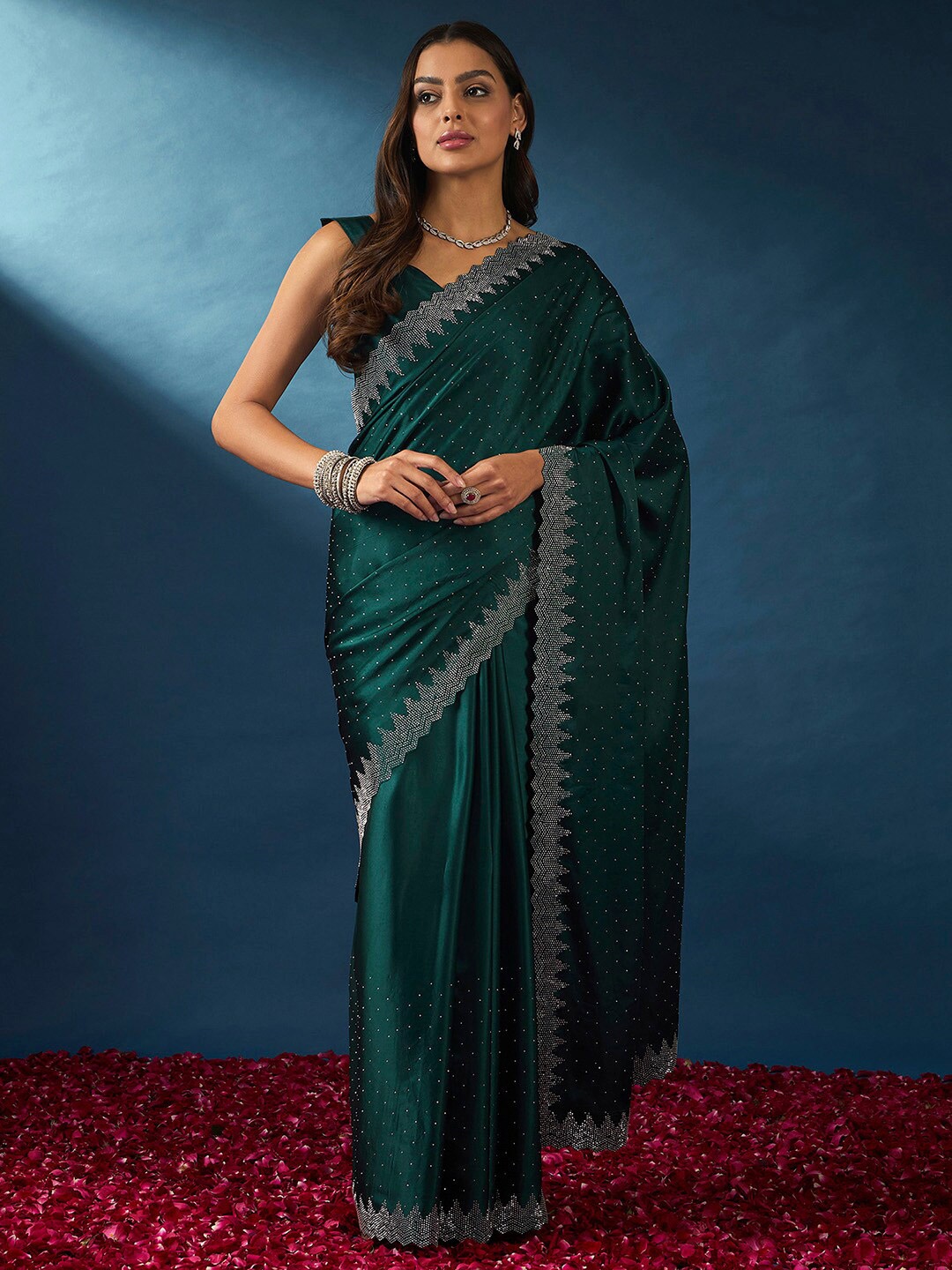 

Saree mall Embellished Beads and Stones Satin Sarees, Teal