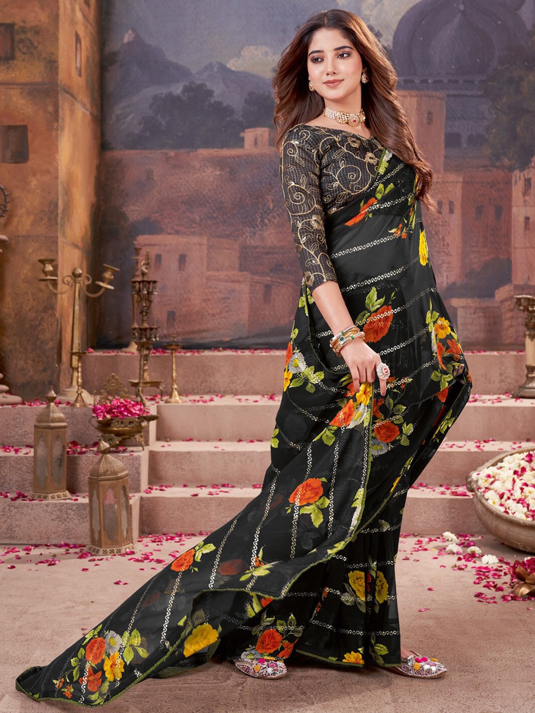 

Saree mall Floral Printed Embellished Poly Georgette Sarees, Black