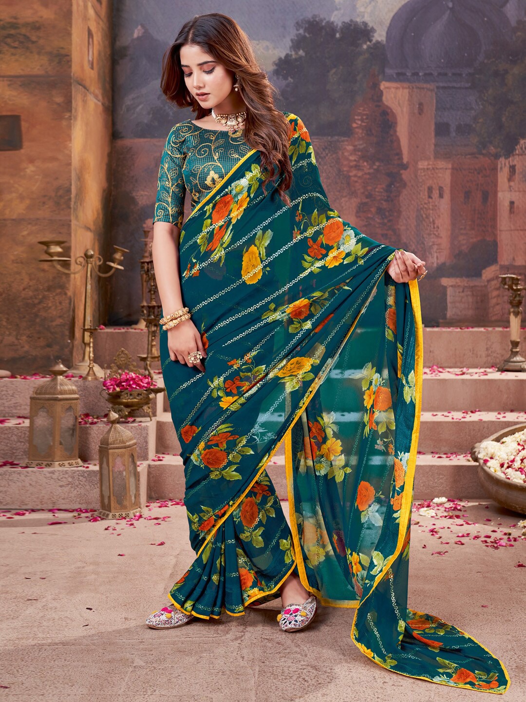 

Saree mall Floral Pure Georgette Sarees, Teal