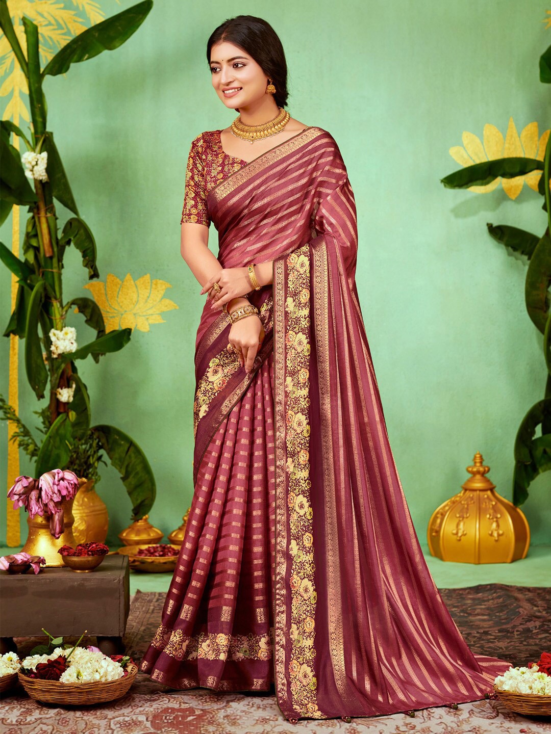 

Saree mall Ethnic Motifs Leheriya Silk Zari Sarees, Pink