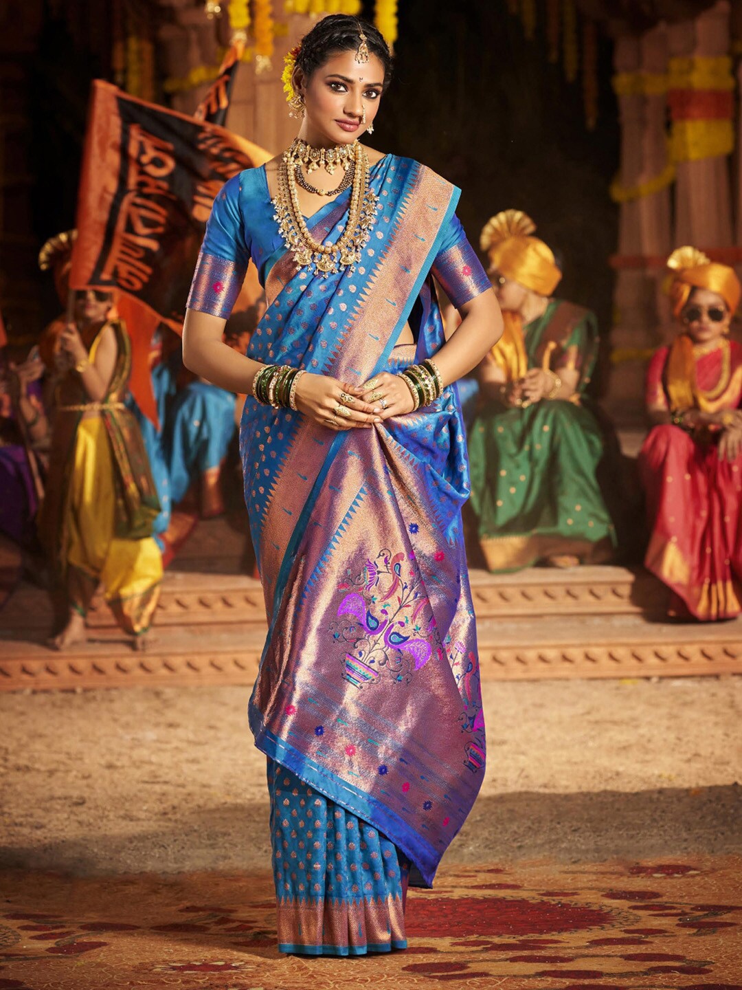 

Saree mall Ethnic Motifs Silk Blend Designer Paithani Sarees, Blue