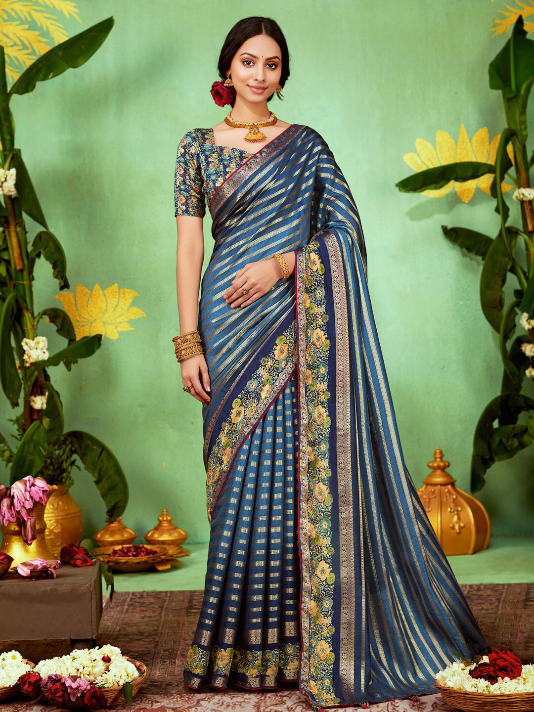 

Saree mall Ethnic Motifs Woven Design Zari Pure Silk Sarees, Blue