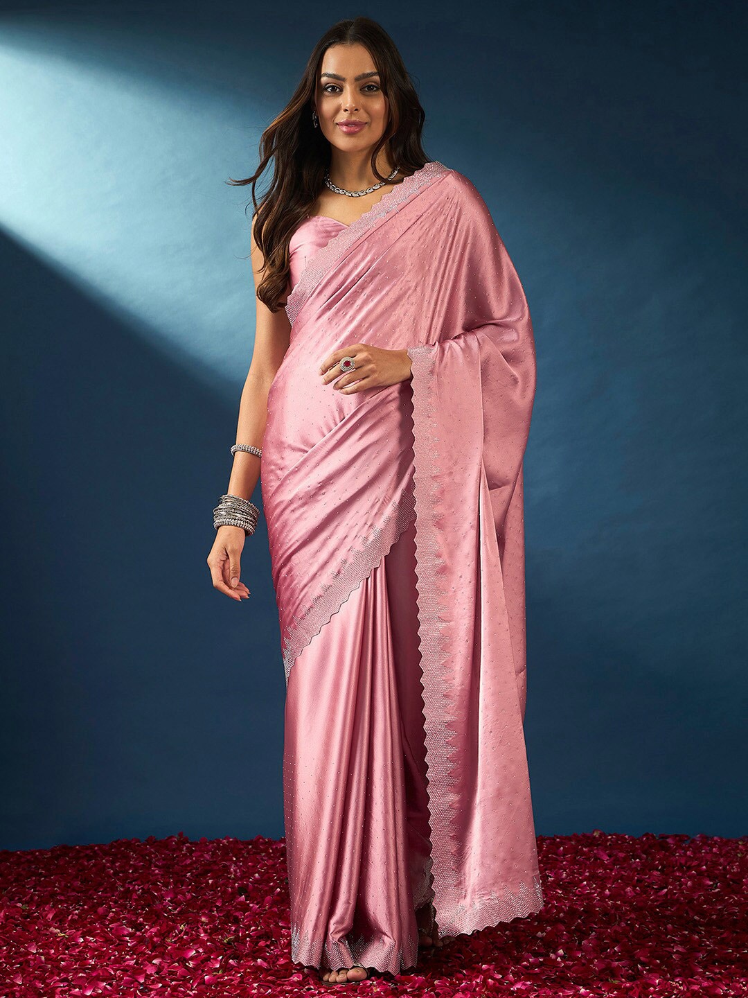 

Saree mall Embellished Beads and Stones Satin Sarees, Pink