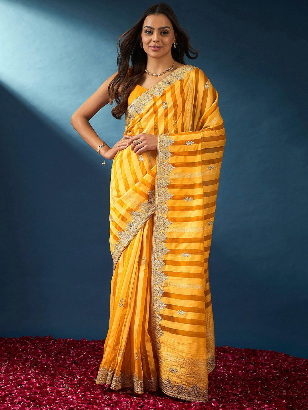 

Saree mall Striped Gotta Patti Organza Sarees, Yellow