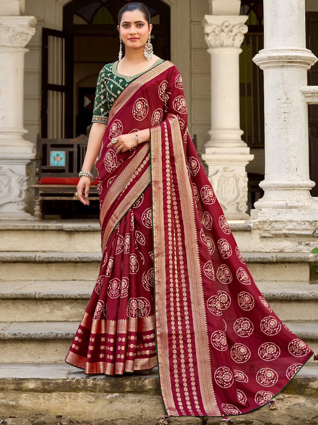 

Saree mall Bandhani Printed Zari Silk Sarees, Maroon