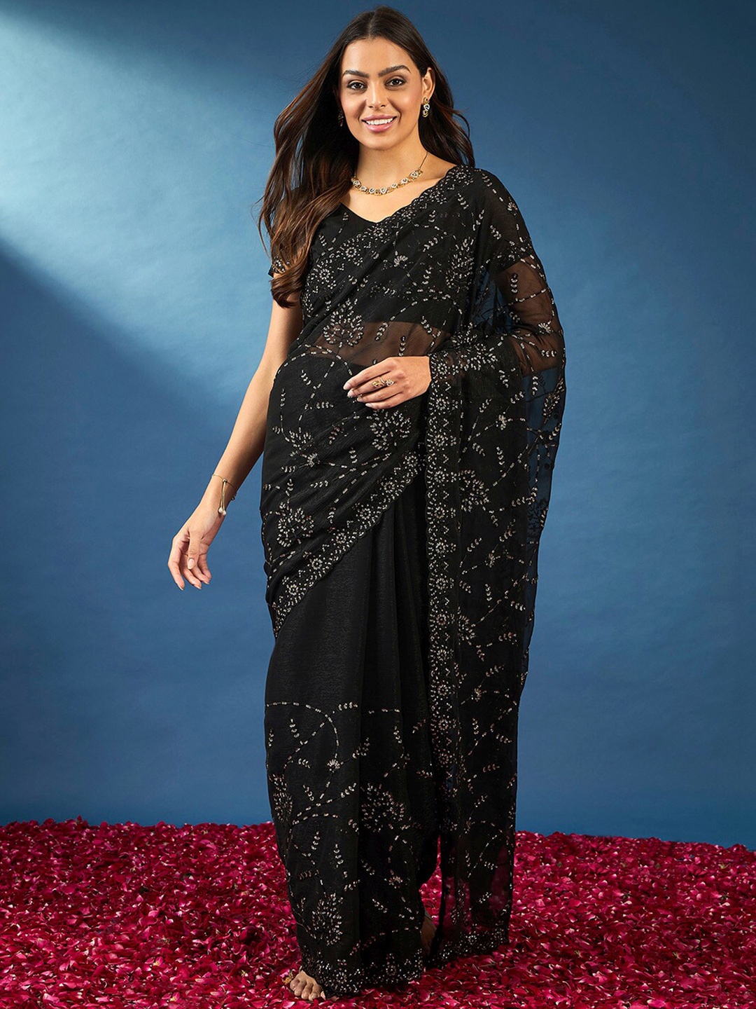

Saree mall Floral Embellished Sequinned Poly Chiffon Sarees, Black