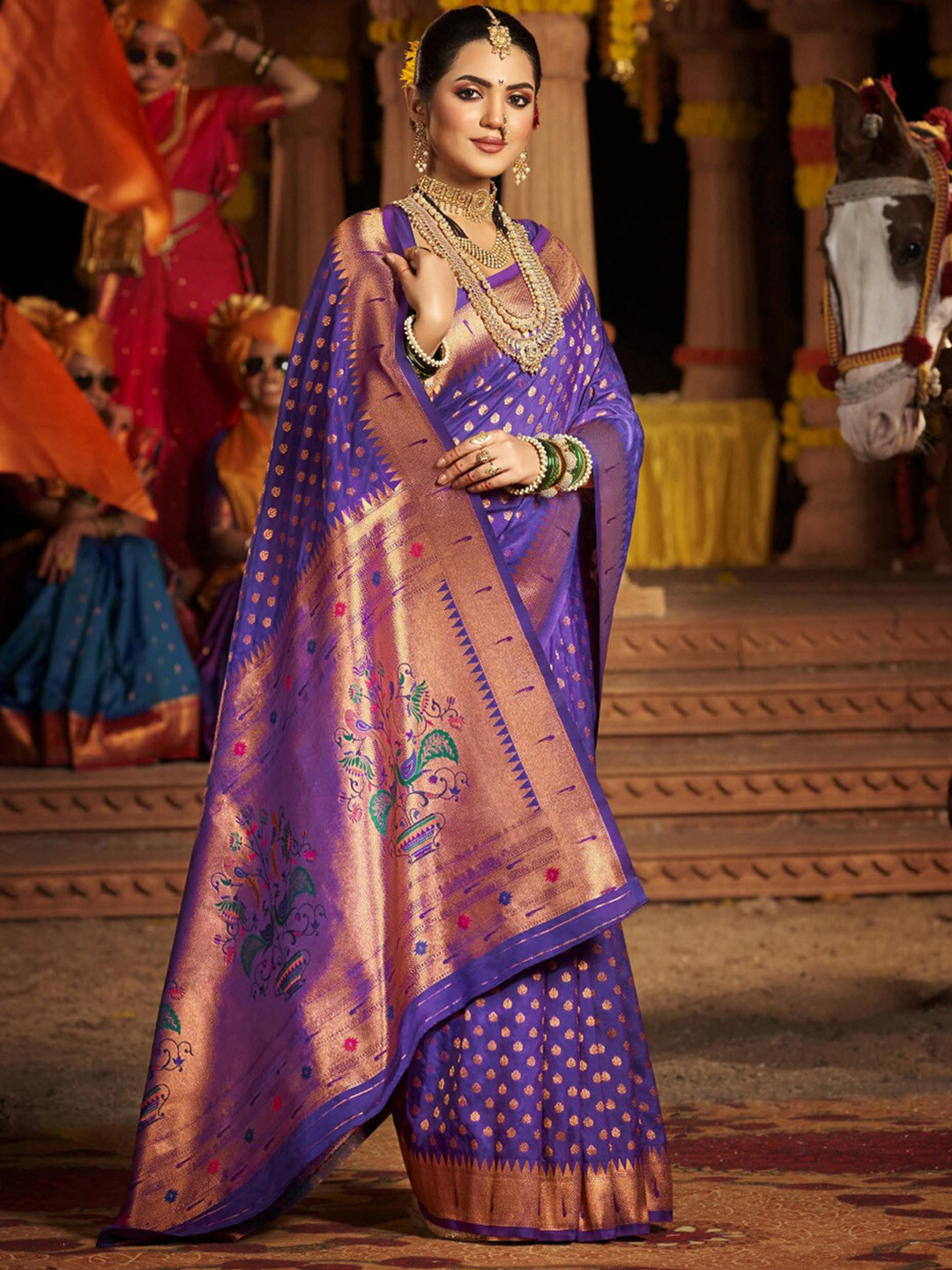 

Saree mall Woven Design Zari Silk Blend Paithani Sarees, Purple