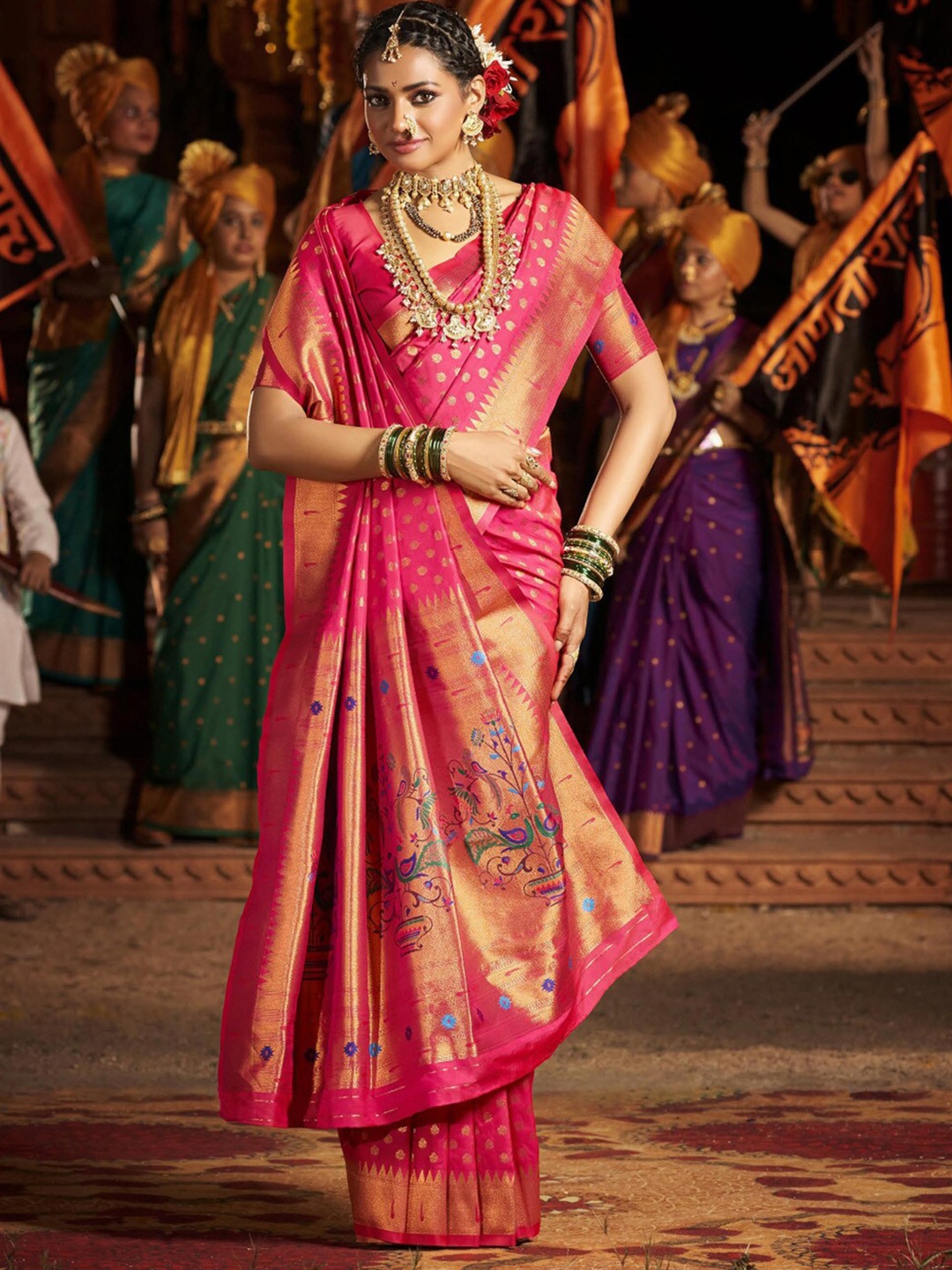 

Saree mall Ethnic Motifs Zari Silk Blend Paithani Sarees, Pink