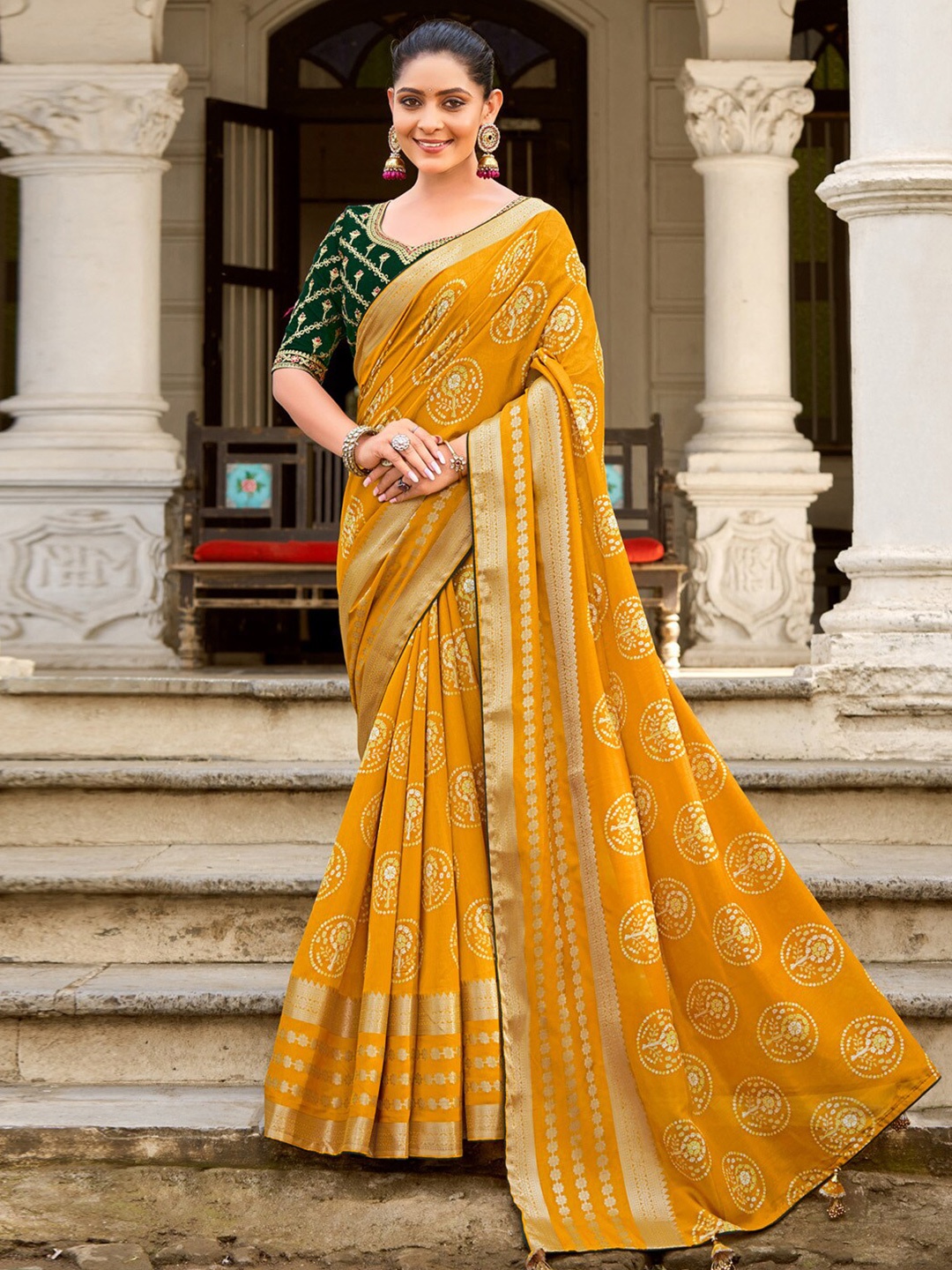 

Saree mall Bandhani Printed Zari Pure Silk Sarees, Yellow